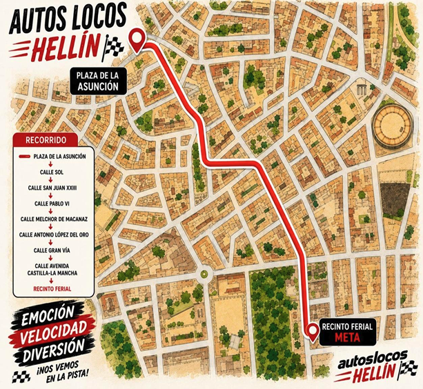 Mapa del recorrido de los Autos Locos Hellín: desde la Plaza de la Asunción hasta el Recinto Ferial